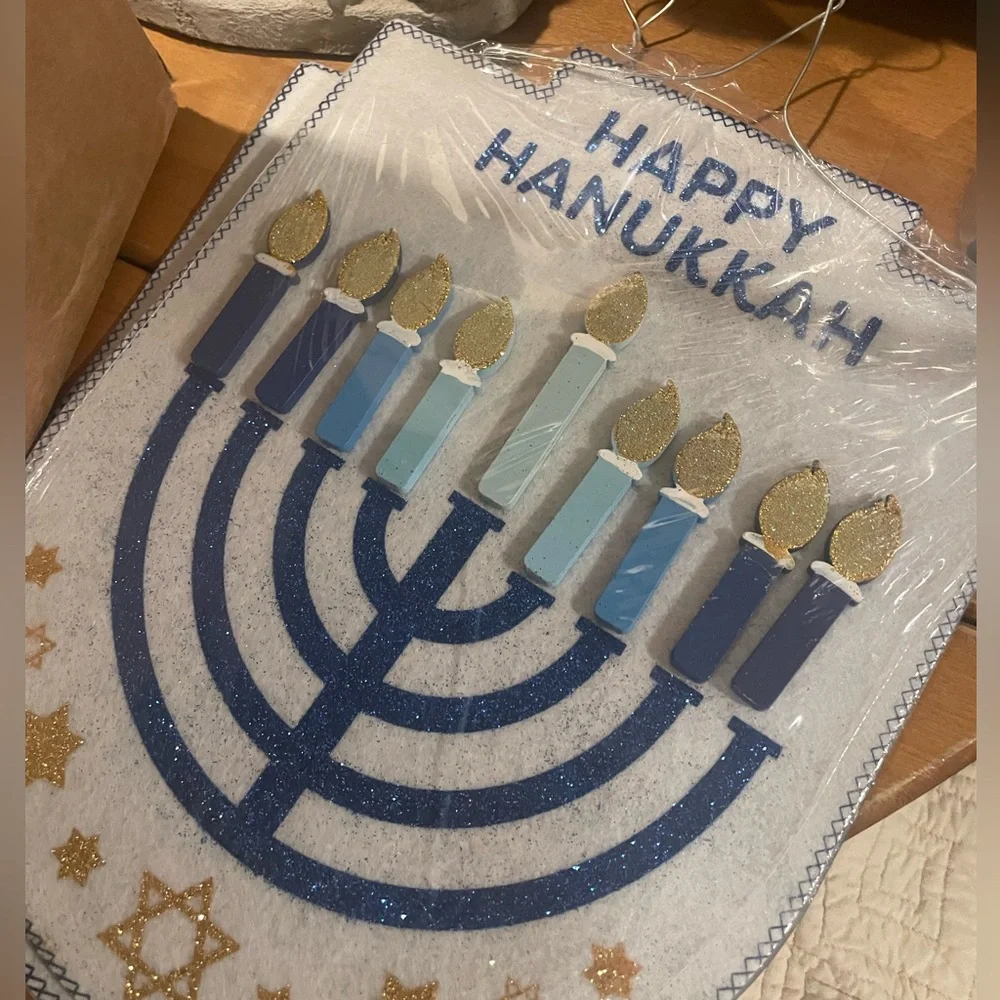 Happy Hanukkah Sign, Menorah Wall Decor By Ashland - Blue & Gold Glitter Shield